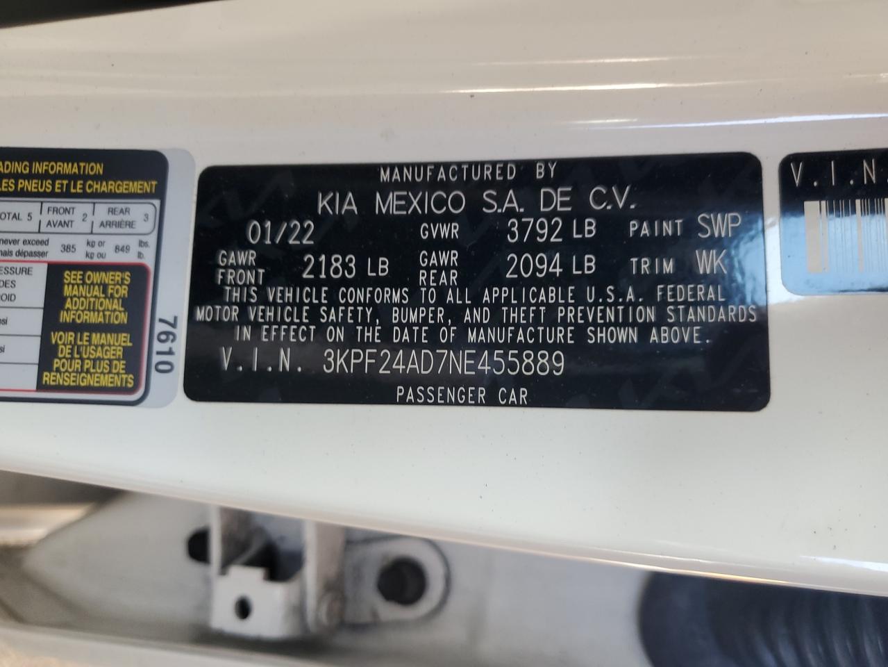 2022 Kia Forte Fe VIN: 3KPF24AD7NE455889 Lot: 63538214