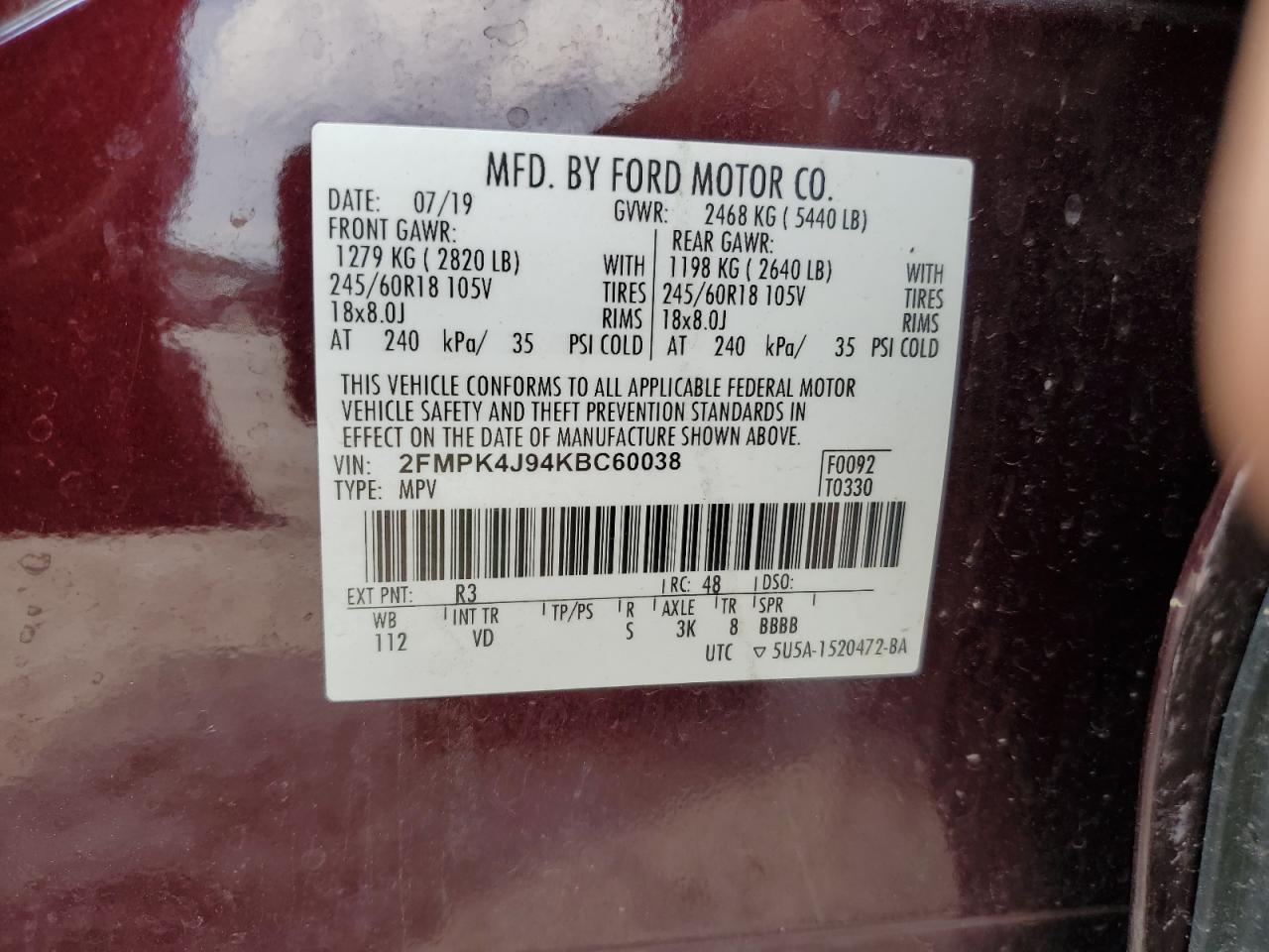 2019 Ford Edge Sel VIN: 2FMPK4J94KBC60038 Lot: 61914404