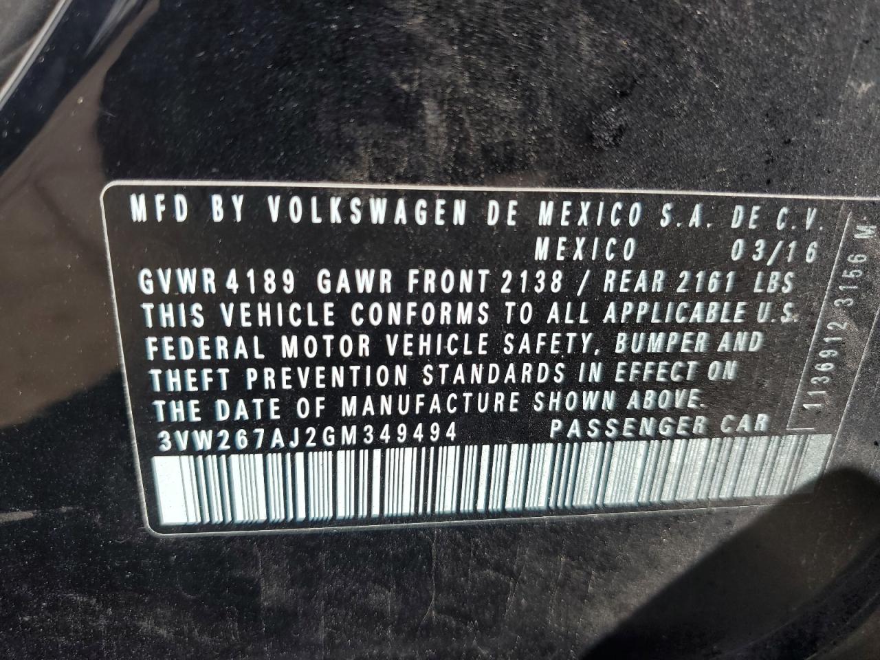 2016 Volkswagen Jetta S VIN: 3VW267AJ2GM349494 Lot: 61189624