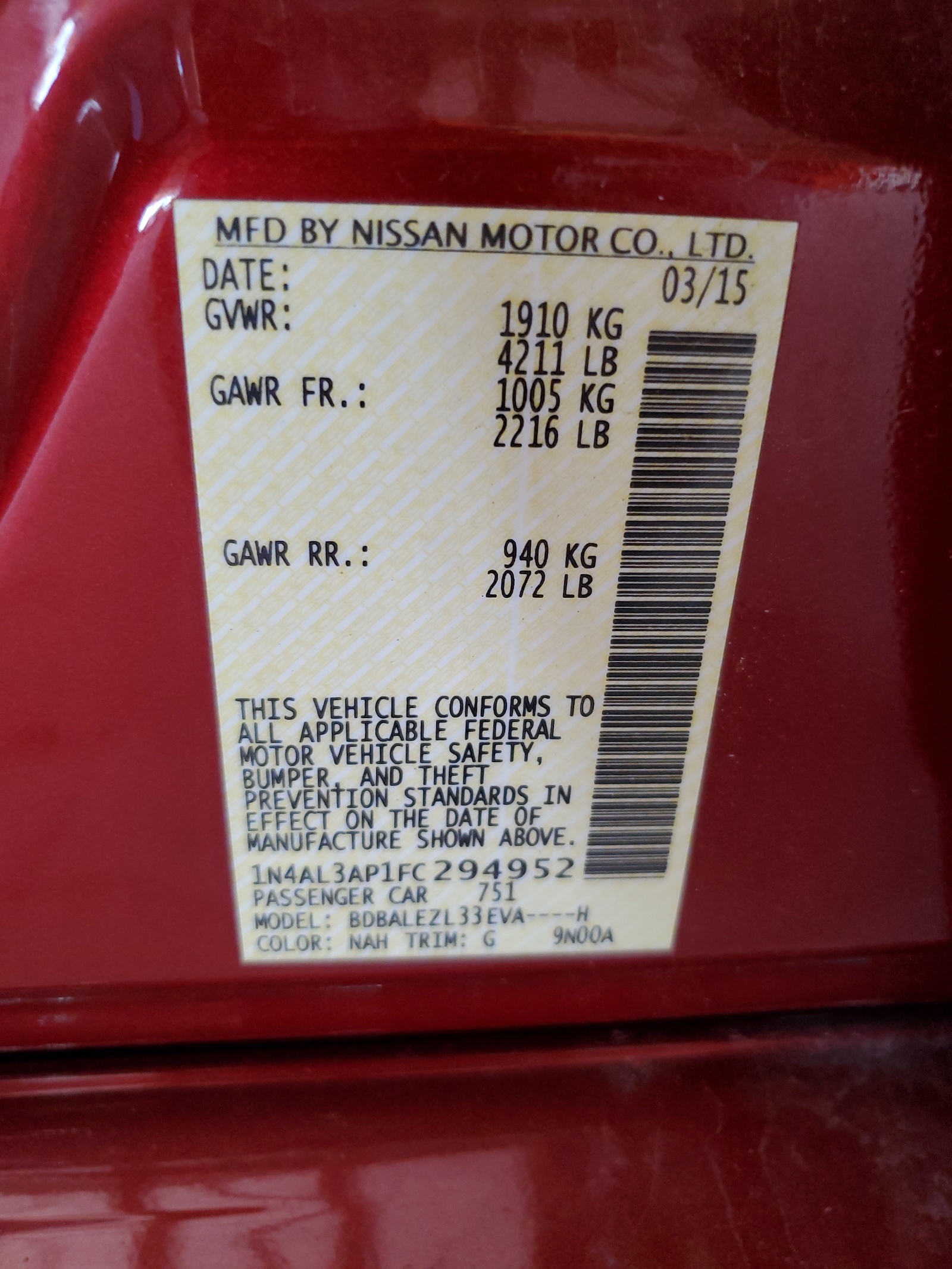 1N4AL3AP1FC294952 2015 Nissan Altima 2.5