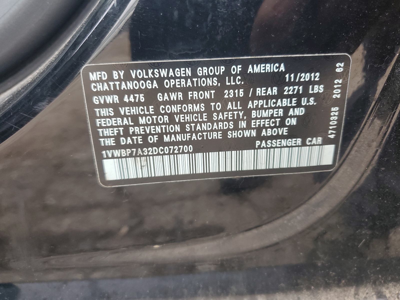 1VWBP7A32DC072700 2013 Volkswagen Passat Se