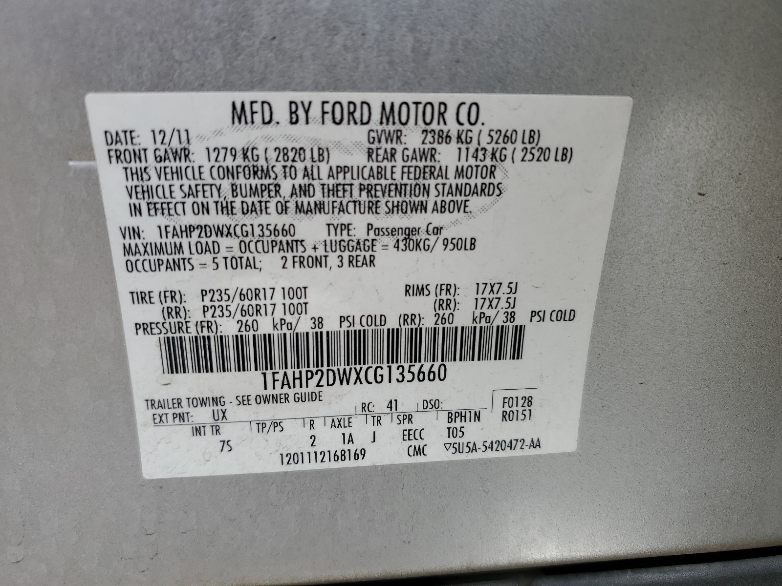 1FAHP2DWXCG135660 2012 Ford Taurus Se