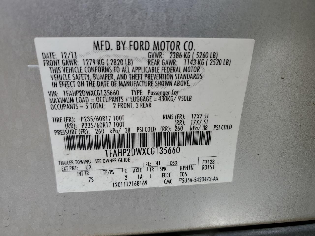 2012 Ford Taurus Se VIN: 1FAHP2DWXCG135660 Lot: 63555974