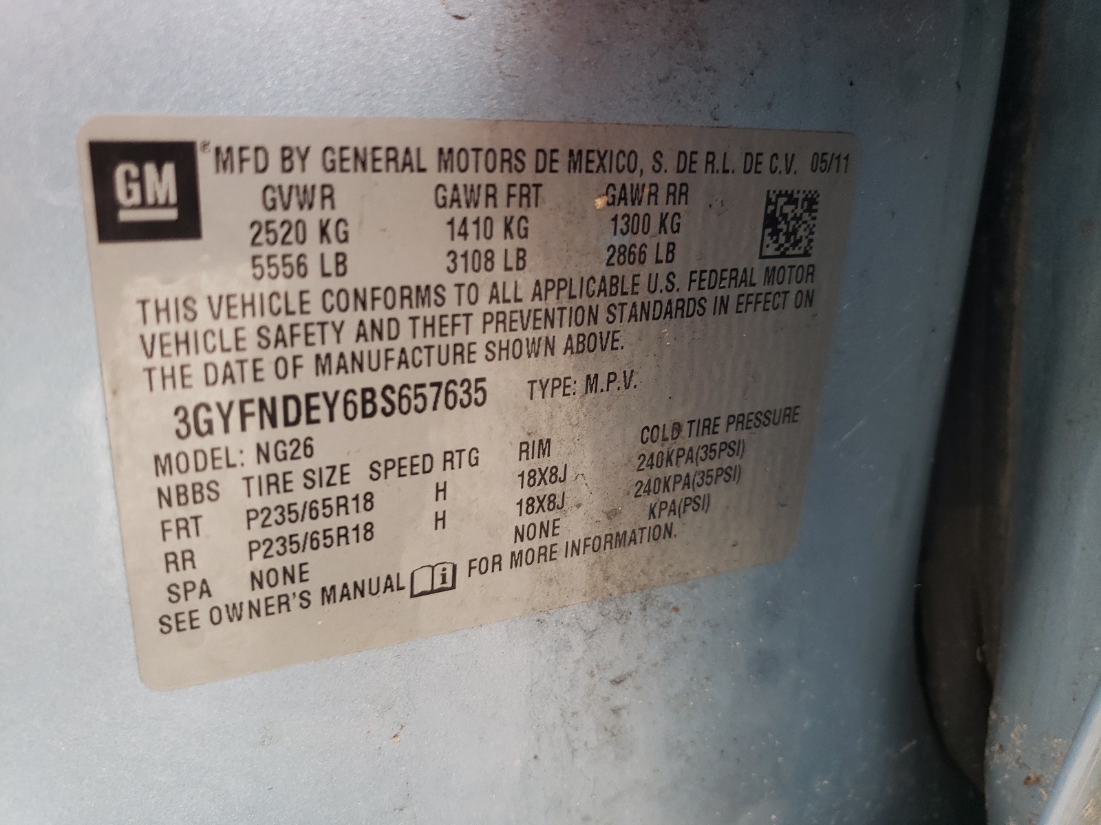 3GYFNDEY6BS657635 2011 Cadillac Srx Luxury Collection