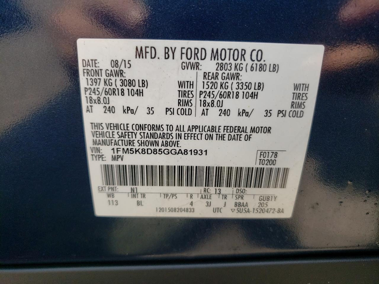 2016 Ford Explorer Xlt VIN: 1FM5K8D85GGA81931 Lot: 63009404