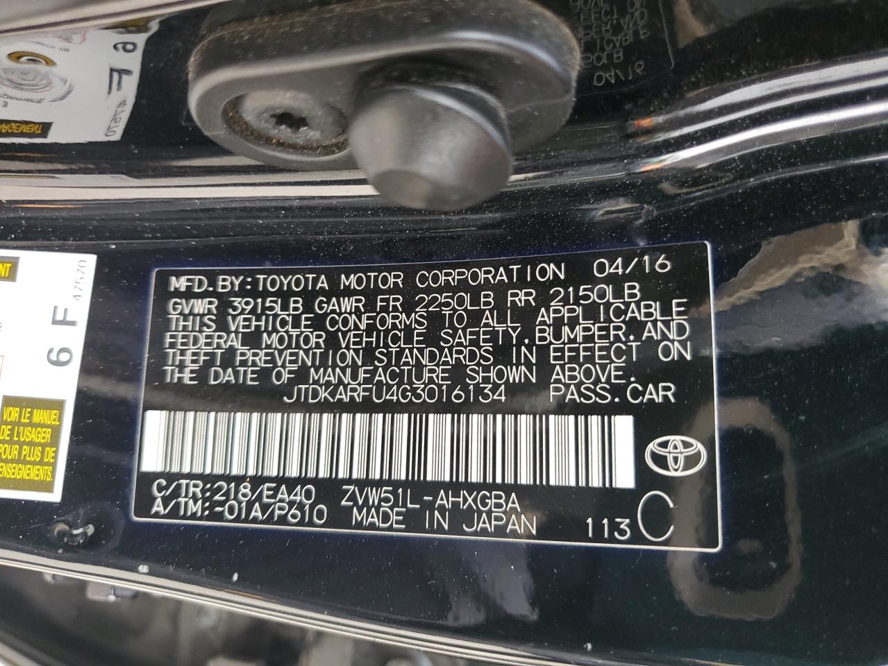 2016 Toyota Prius VIN: JTDKARFU4G3016134 Lot: 62840744