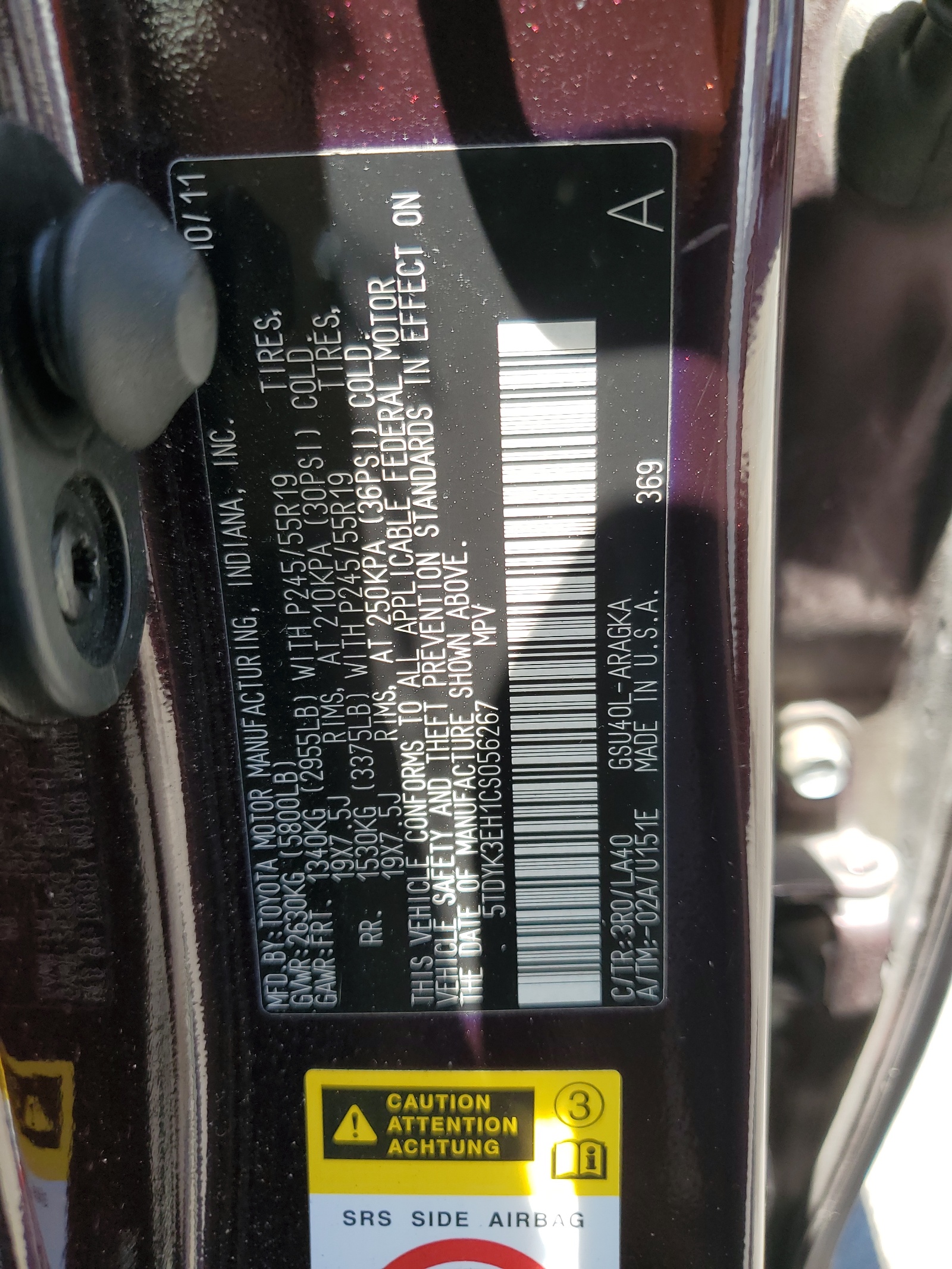 5TDYK3EH1CS056267 2012 Toyota Highlander Limited