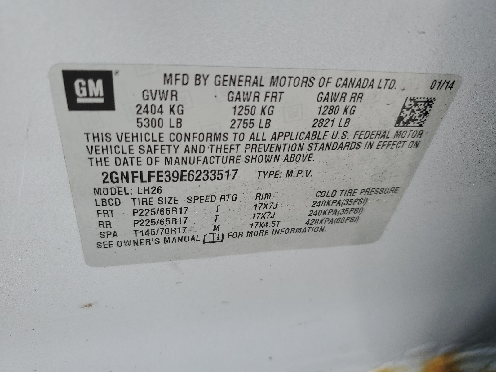 2GNFLFE39E6233517 2014 Chevrolet Equinox Lt