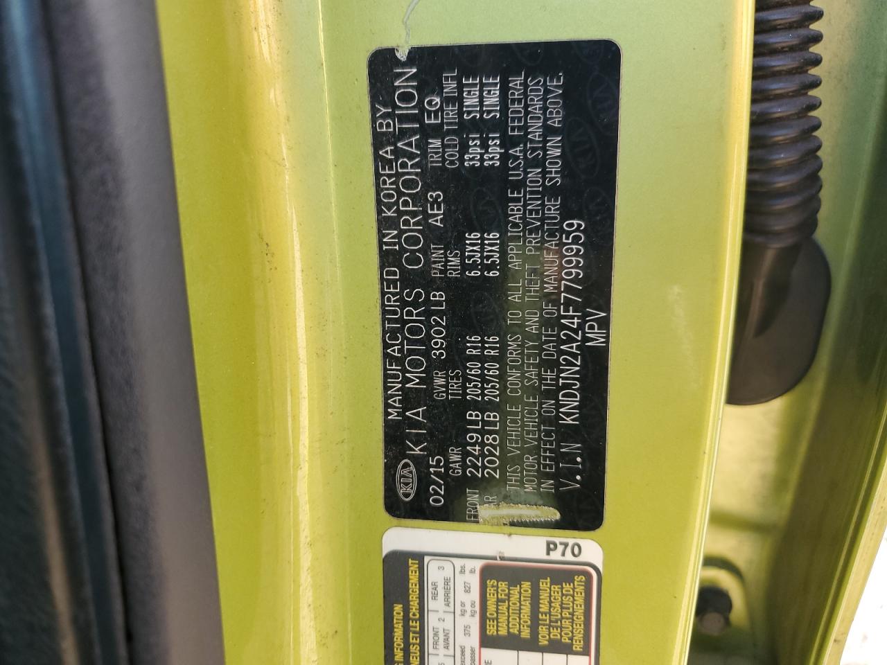 2015 Kia Soul VIN: KNDJN2A24F7799959 Lot: 63986114