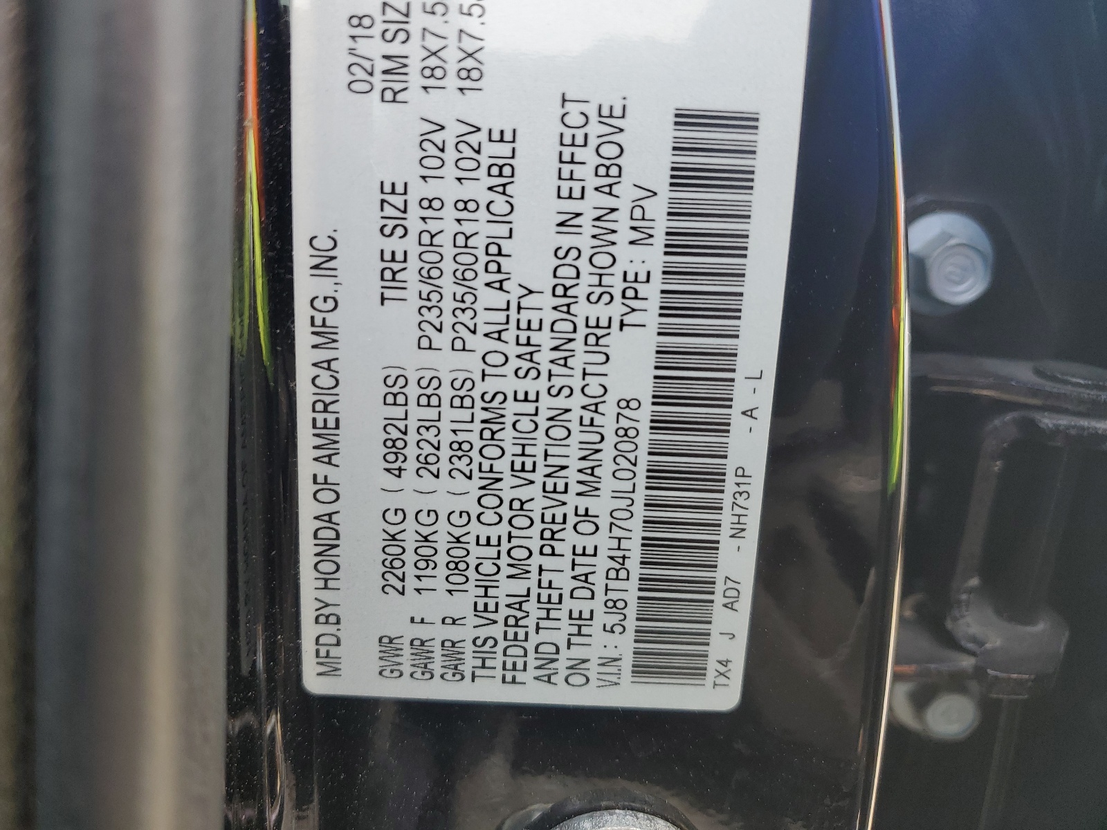 5J8TB4H70JL020878 2018 Acura Rdx Advance