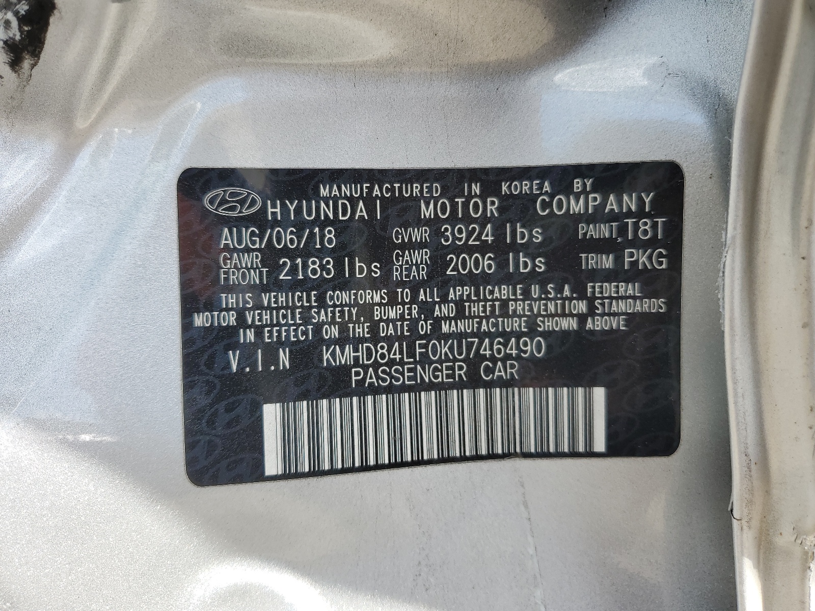 KMHD84LF0KU746490 2019 Hyundai Elantra Sel