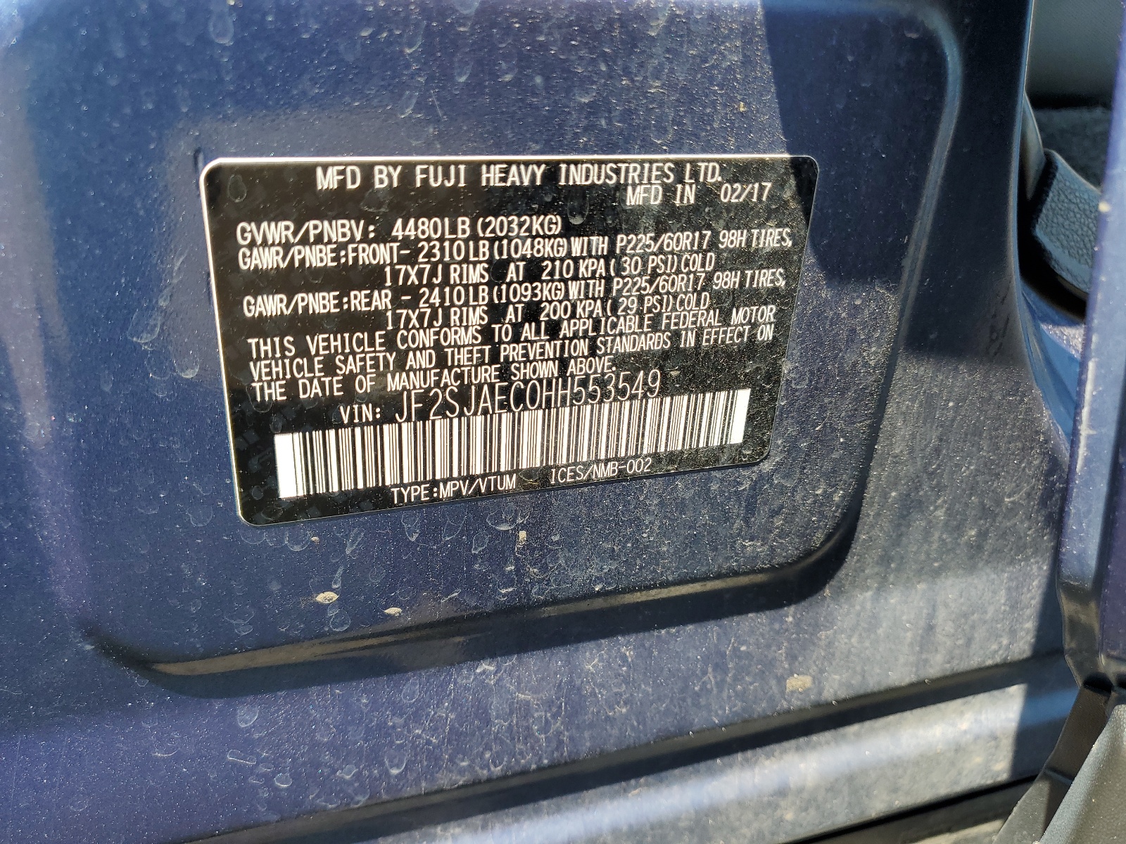 JF2SJAEC0HH553549 2017 Subaru Forester 2.5I Premium