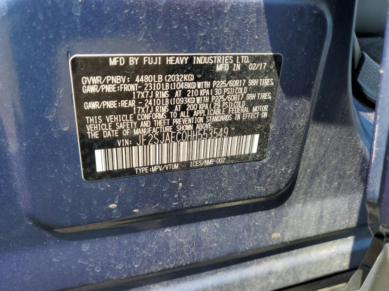 2017 Subaru Forester 2.5I Premium VIN: JF2SJAEC0HH553549 Lot: 65143754