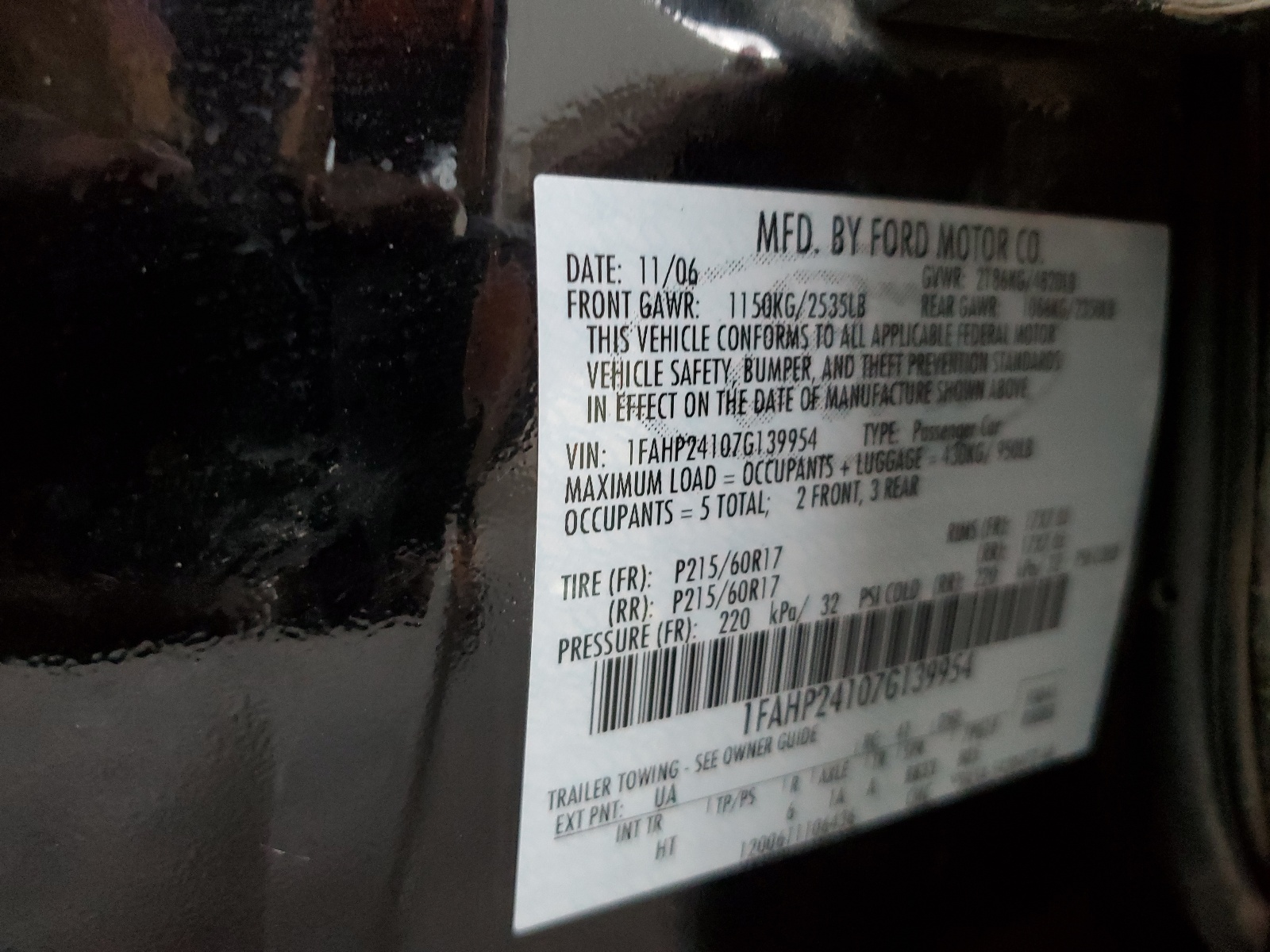 1FAHP24107G139954 2007 Ford Five Hundred Sel