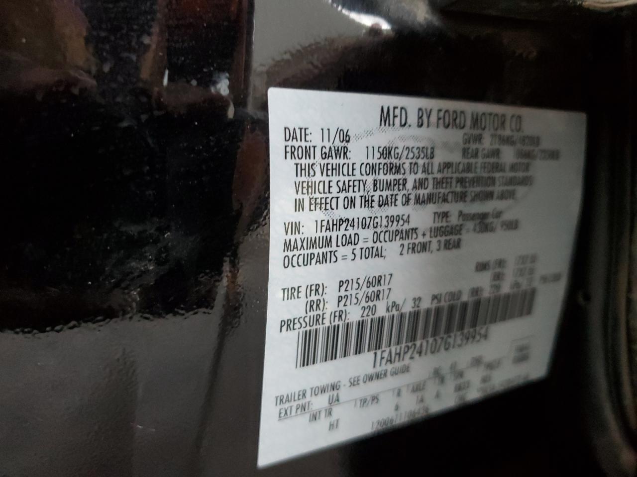 2007 Ford Five Hundred Sel VIN: 1FAHP24107G139954 Lot: 63303544