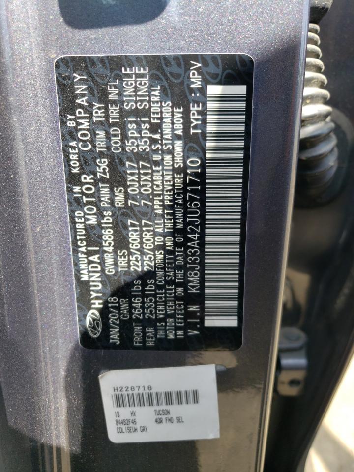 2018 Hyundai Tucson Sel VIN: KM8J33A42JU671710 Lot: 64057054