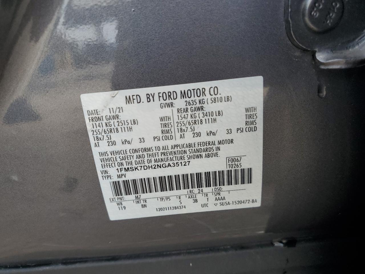 2022 Ford Explorer Xlt VIN: 1FMSK7DH2NGA35127 Lot: 64381184