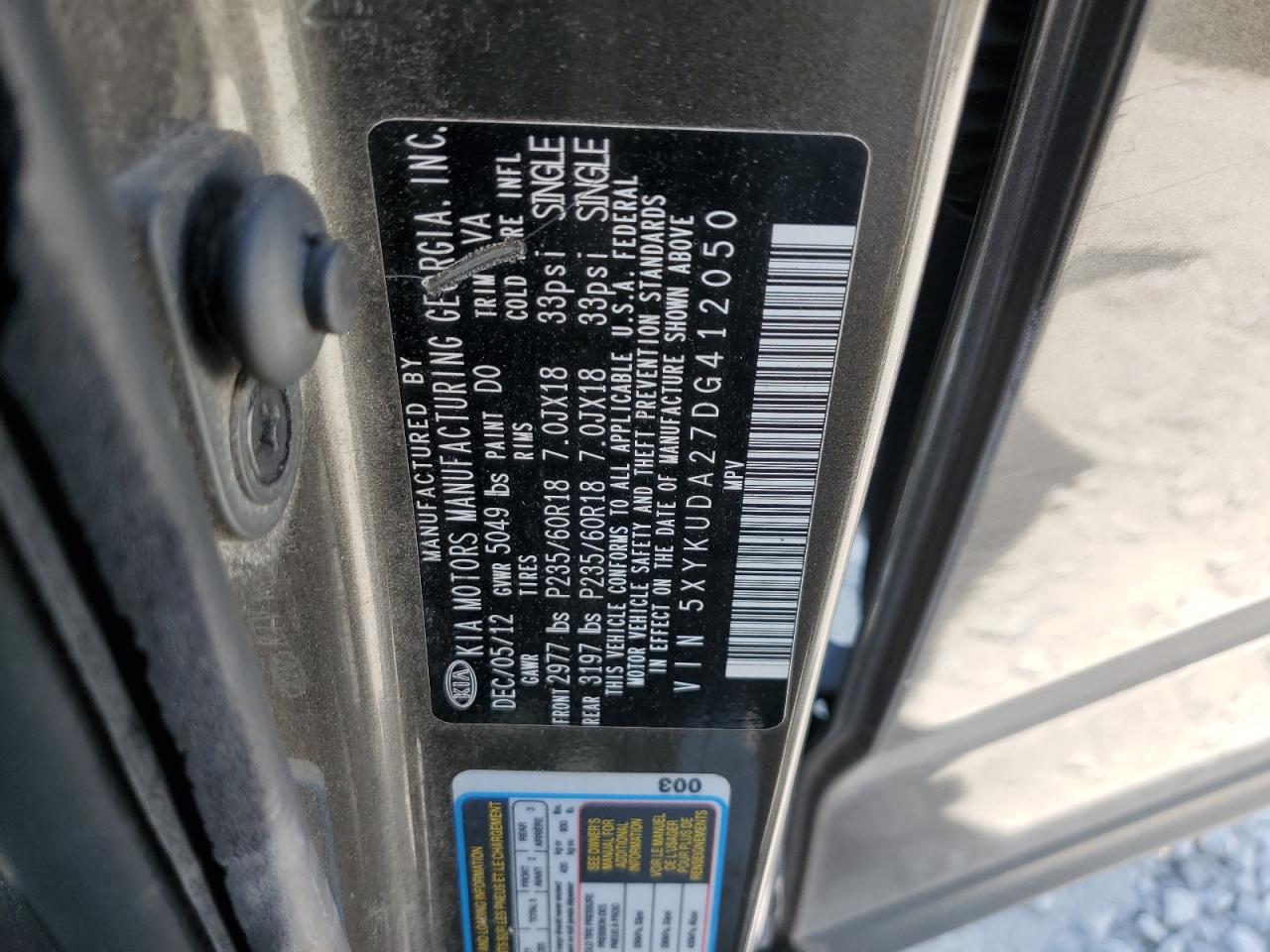 2013 Kia Sorento Ex VIN: 5XYKUDA27DG412050 Lot: 61639624