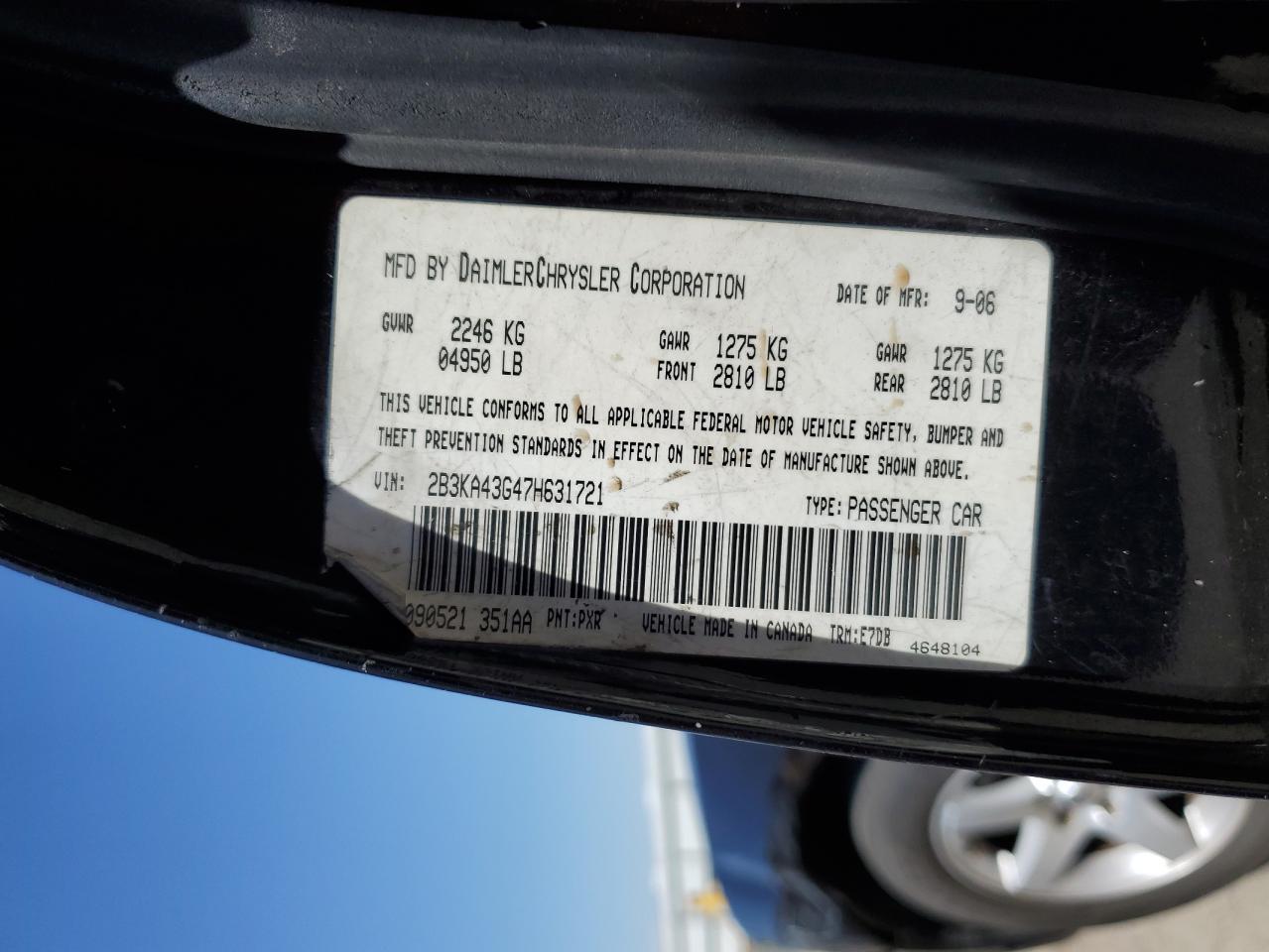 2007 Dodge Charger Se VIN: 2B3KA43G47H631721 Lot: 64241734