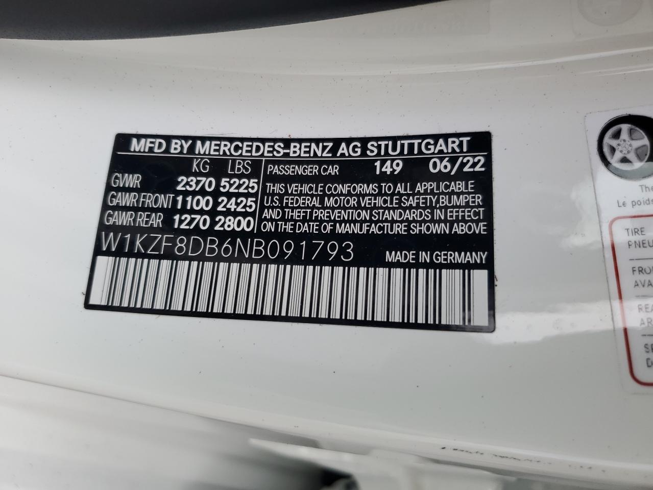 2022 Mercedes-Benz E 350 VIN: W1KZF8DB6NB091793 Lot: 61948494