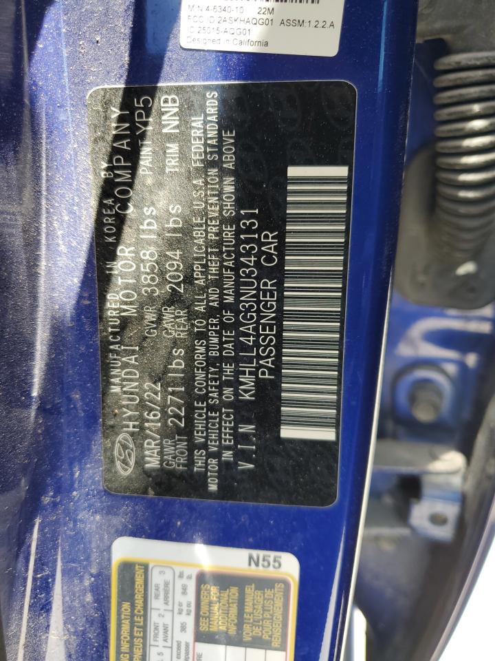 2022 Hyundai Elantra Se VIN: KMHLL4AG3NU343131 Lot: 63120724