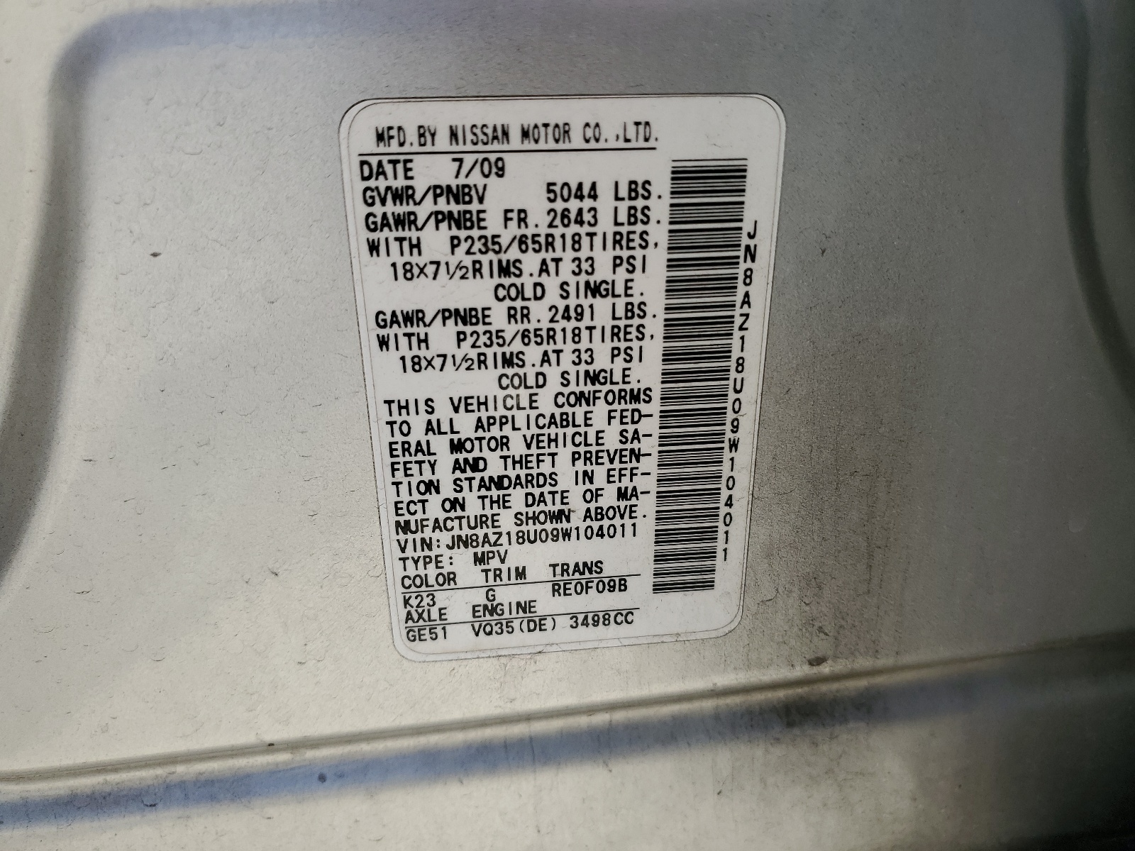 JN8AZ18U09W104011 2009 Nissan Murano S