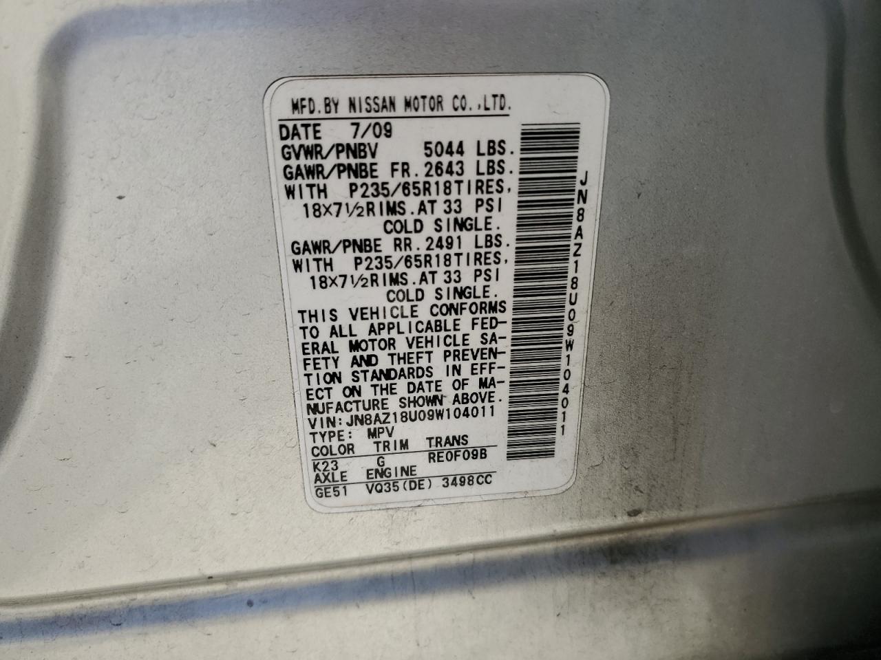 2009 Nissan Murano S VIN: JN8AZ18U09W104011 Lot: 62840774