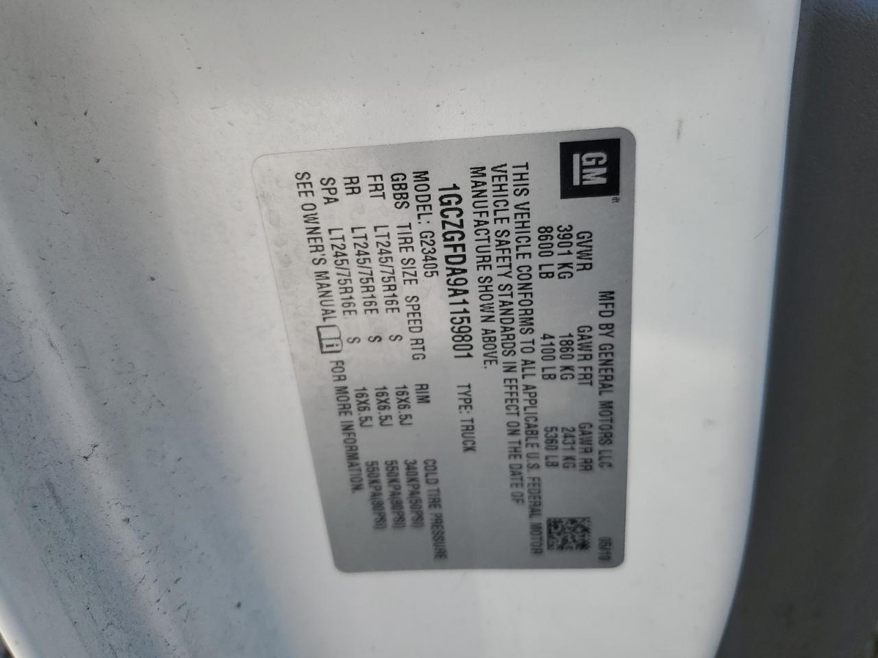 2010 Chevrolet Express G2500 VIN: 1GCZGFDA9A1159801 Lot: 60092224