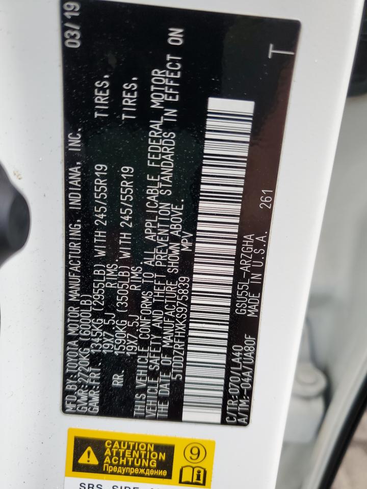 2019 Toyota Highlander Limited VIN: 5TDDZRFHXKS975839 Lot: 64021754