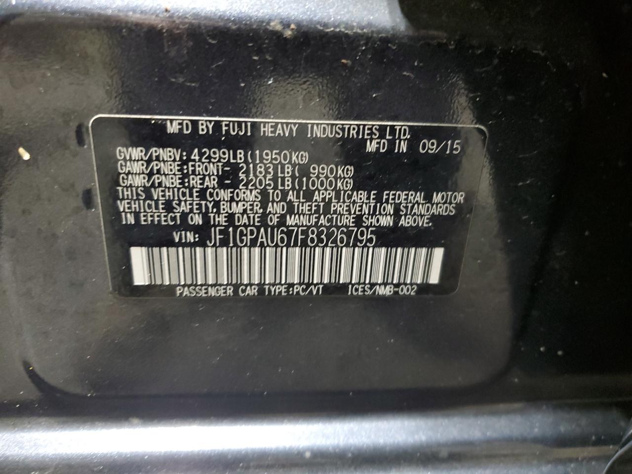 2015 Subaru Impreza Sport VIN: JF1GPAU67F8326795 Lot: 65472974