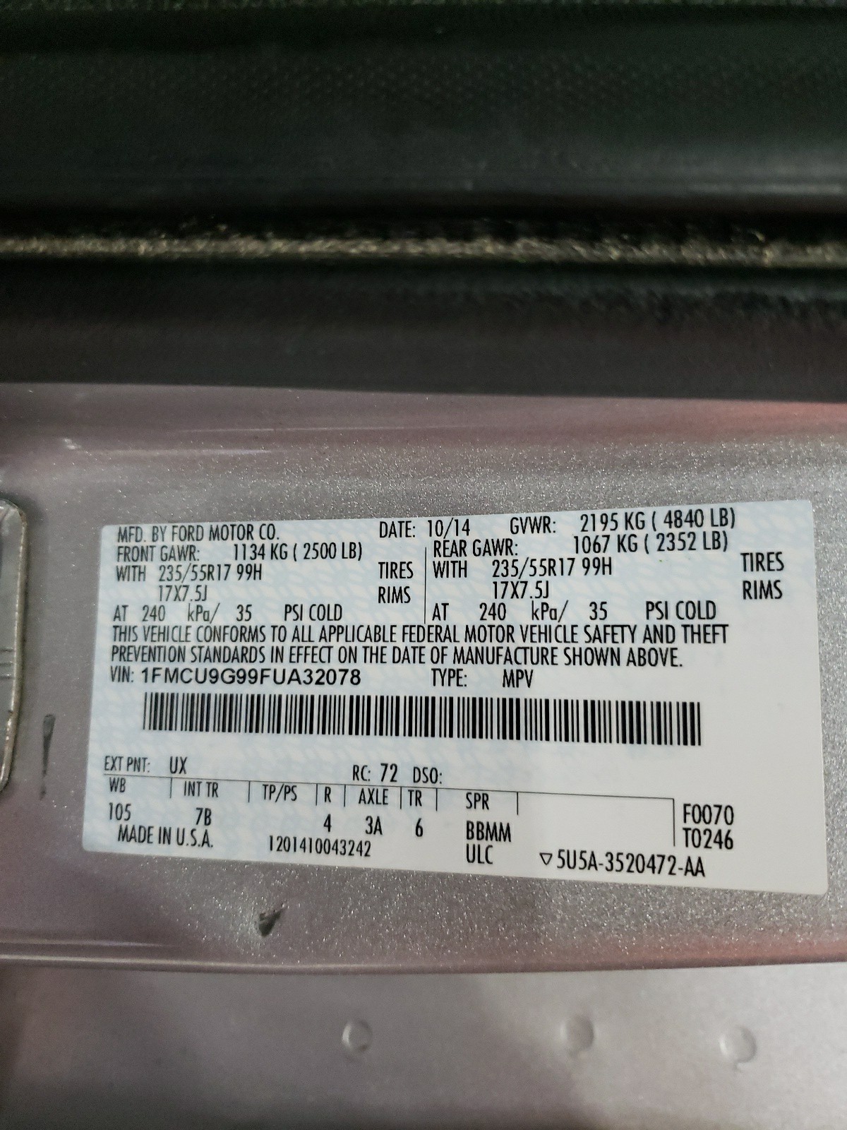 1FMCU9G99FUA32078 2015 Ford Escape Se