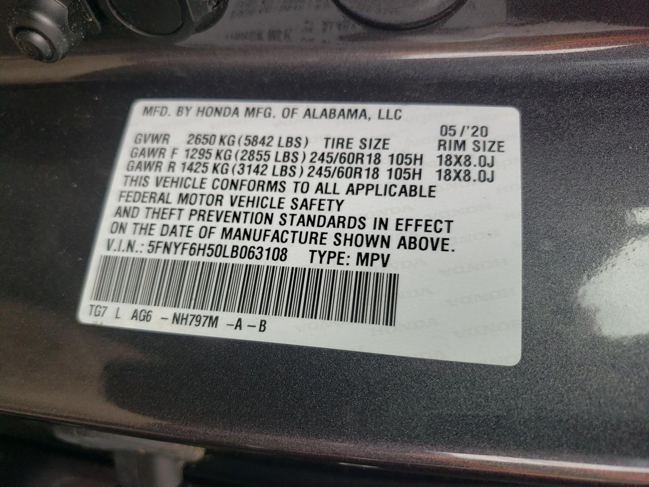 2020 Honda Pilot Exl VIN: 5FNYF6H50LB063108 Lot: 61189264