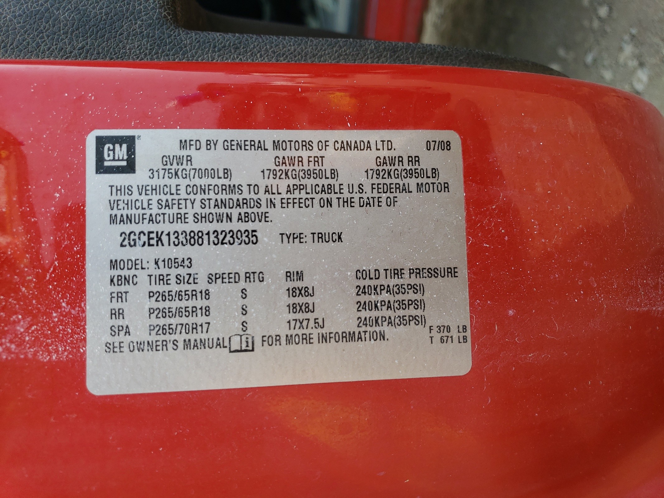 2GCEK133881323935 2008 Chevrolet Silverado K1500