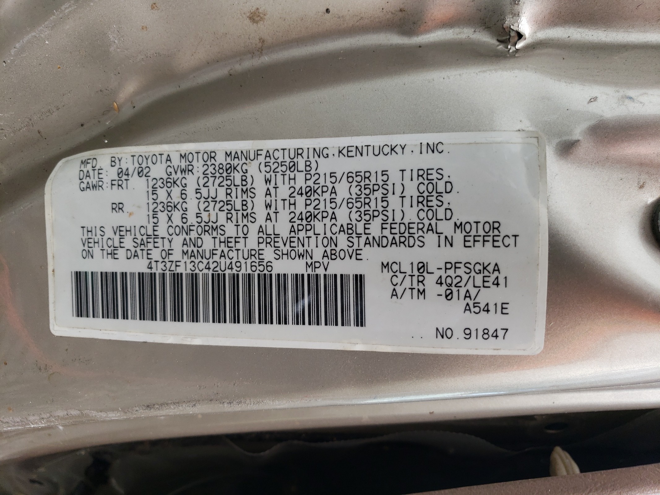 4T3ZF13C42U491656 2002 Toyota Sienna Le