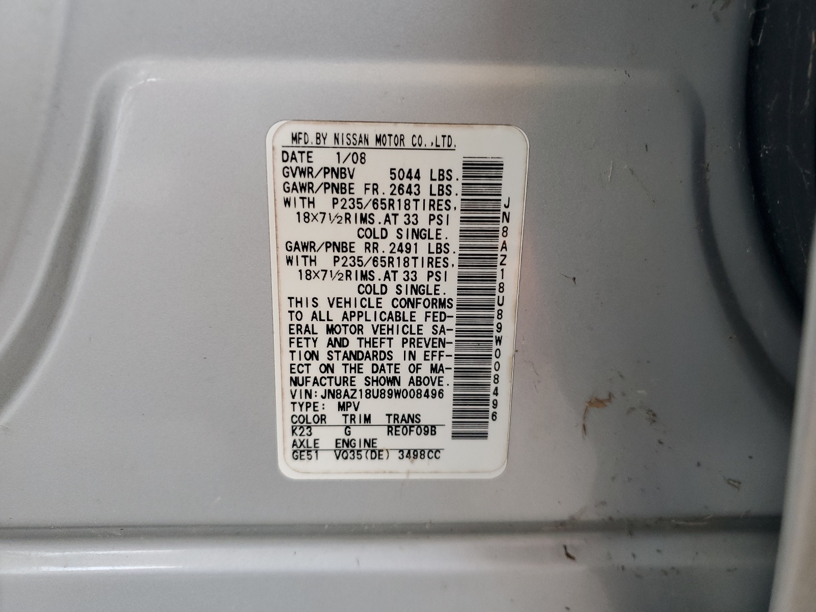 JN8AZ18U89W008496 2009 Nissan Murano S