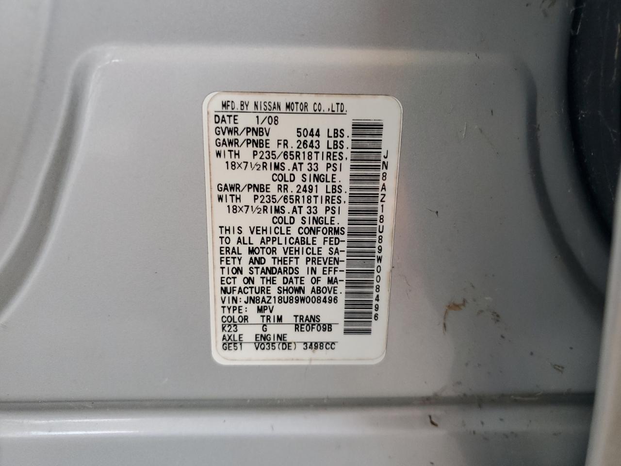 2009 Nissan Murano S VIN: JN8AZ18U89W008496 Lot: 65365004