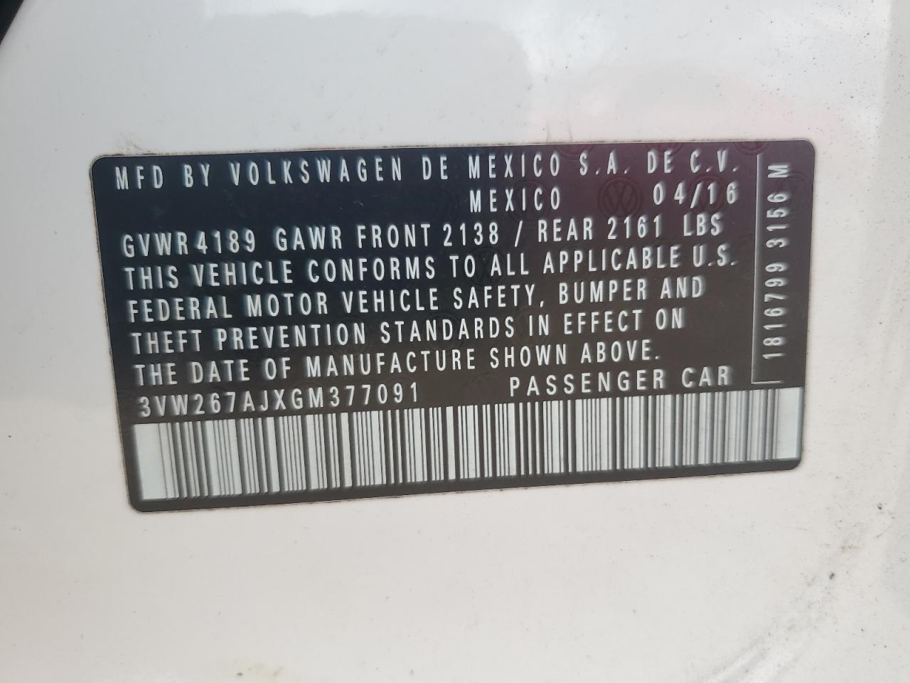 2016 Volkswagen Jetta S VIN: 3VW267AJXGM377091 Lot: 63475784