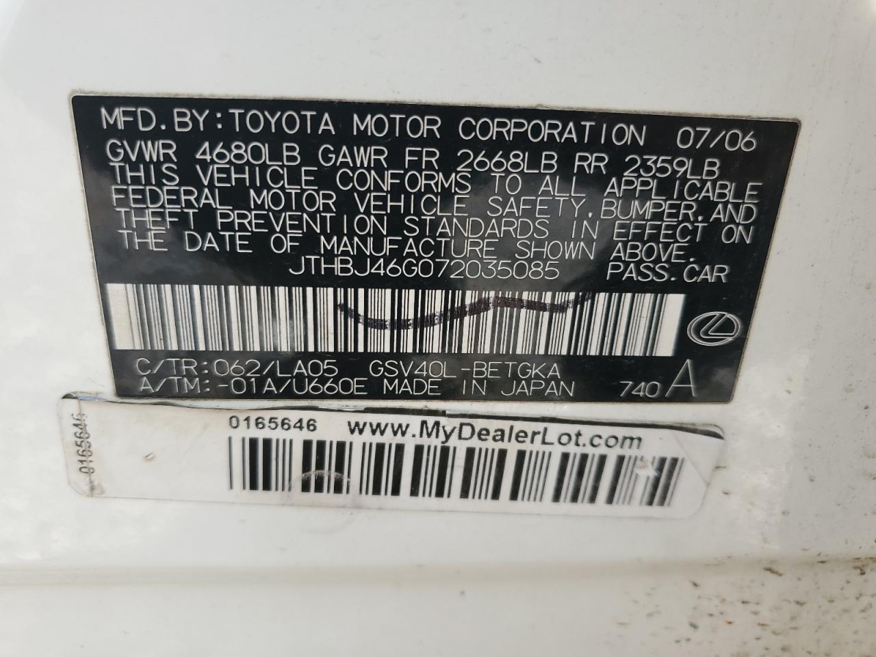 2007 Lexus Es 350 VIN: JTHBJ46G072035085 Lot: 64422044