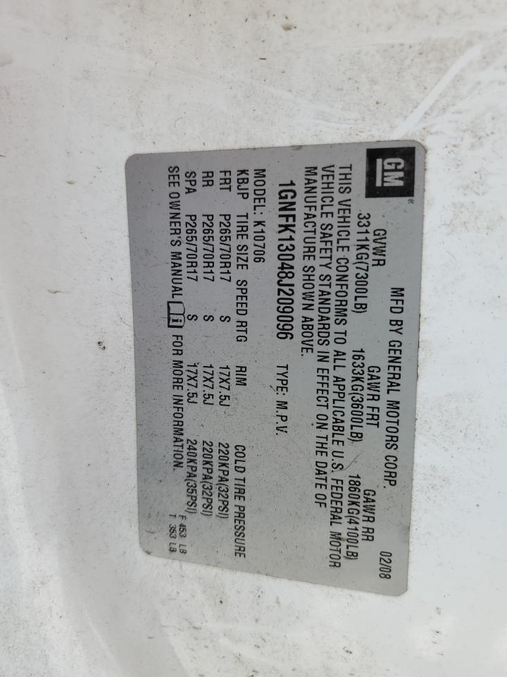 2008 Chevrolet Tahoe K1500 VIN: 1GNFK13048J209096 Lot: 62510044