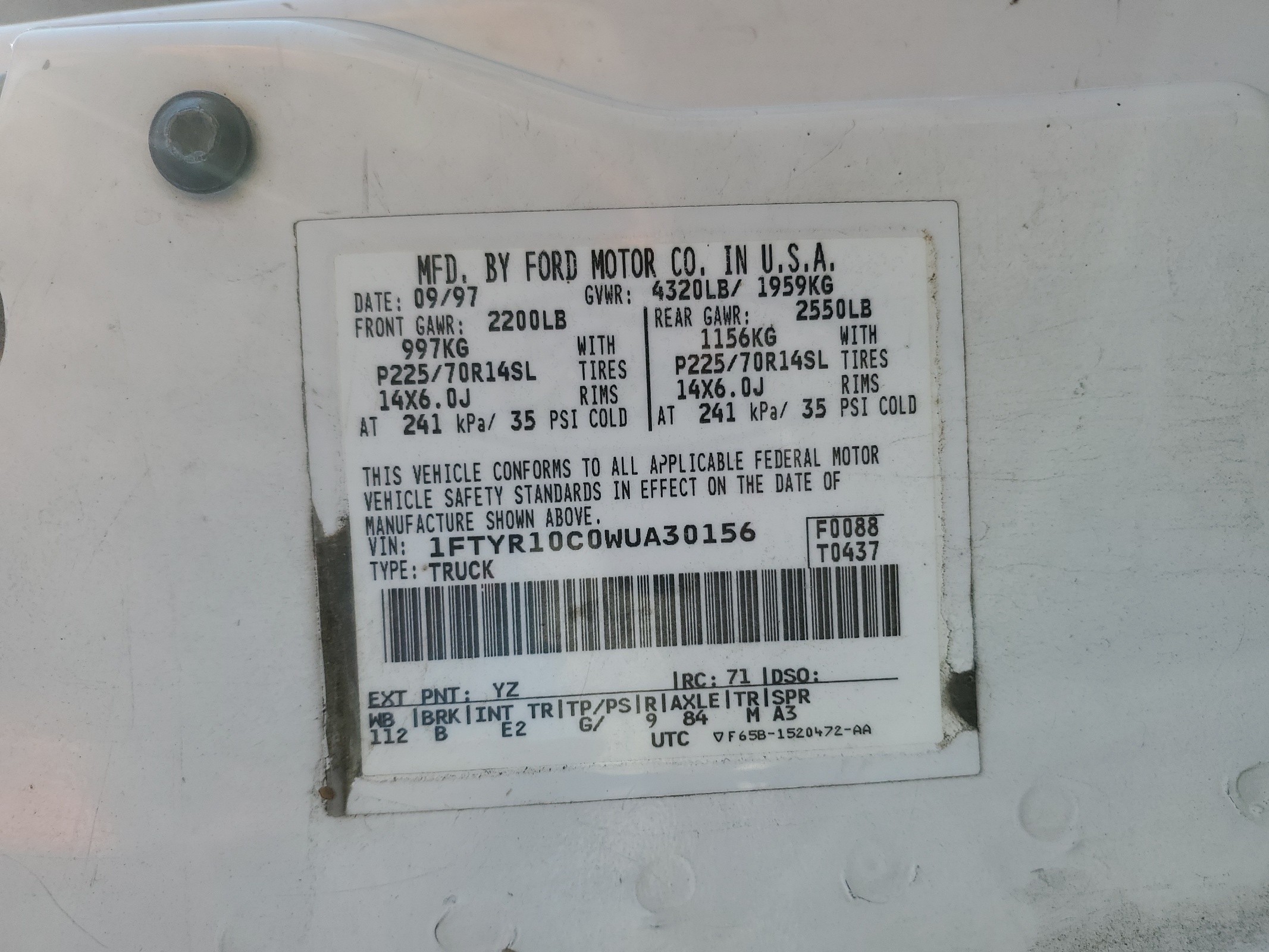 1FTYR10C0WUA30156 1998 Ford Ranger