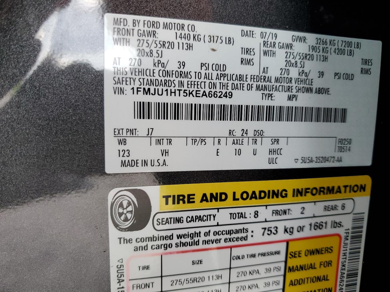 2019 Ford Expedition Xlt VIN: 1FMJU1HT5KEA66249 Lot: 65317624