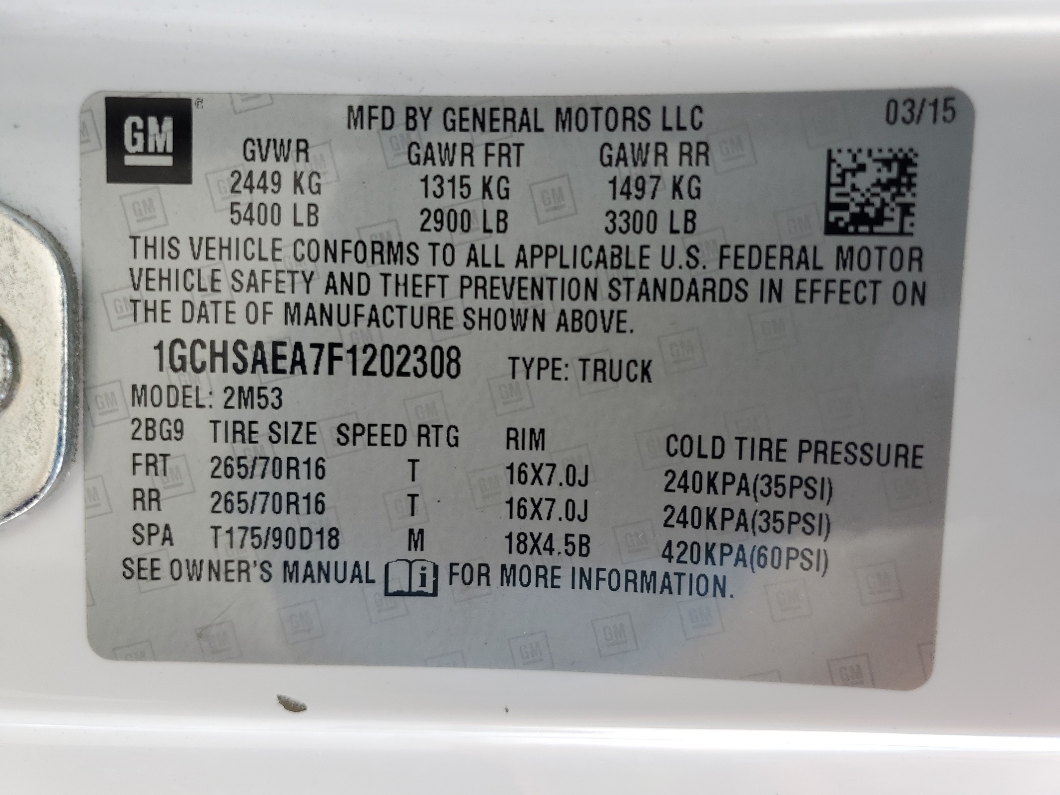 1GCHSAEA7F1202308 2015 Chevrolet Colorado