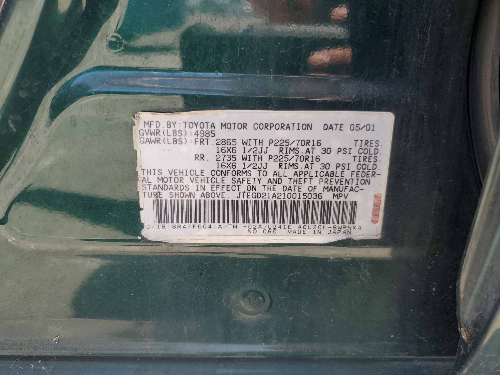 JTEGD21A210015036 2001 Toyota Highlander