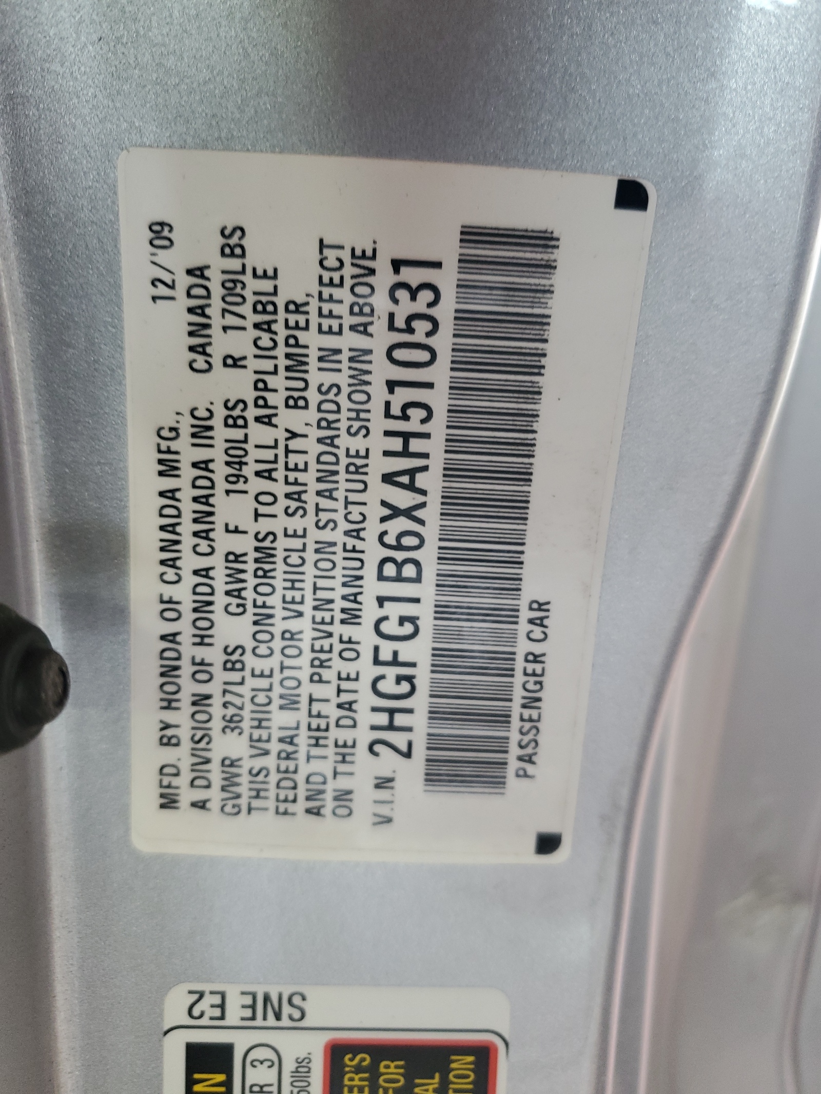 2HGFG1B6XAH510531 2010 Honda Civic Lx