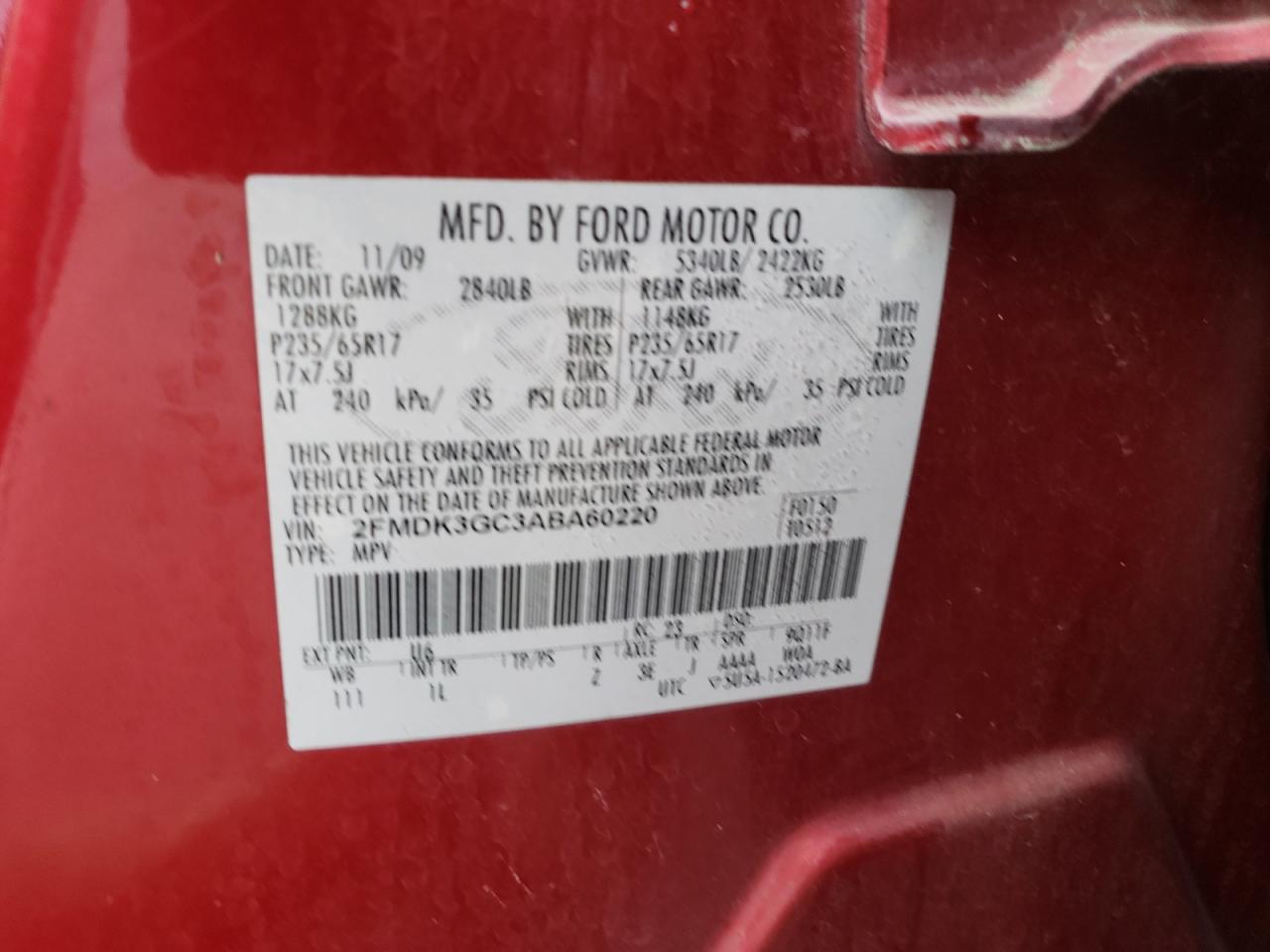 2010 Ford Edge Se VIN: 2FMDK3GC3ABA60220 Lot: 63600844