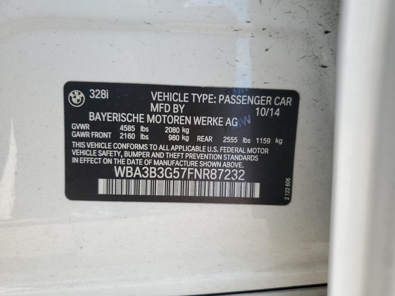 2015 BMW 328 Xi VIN: WBA3B3G57FNR87232 Lot: 63190224