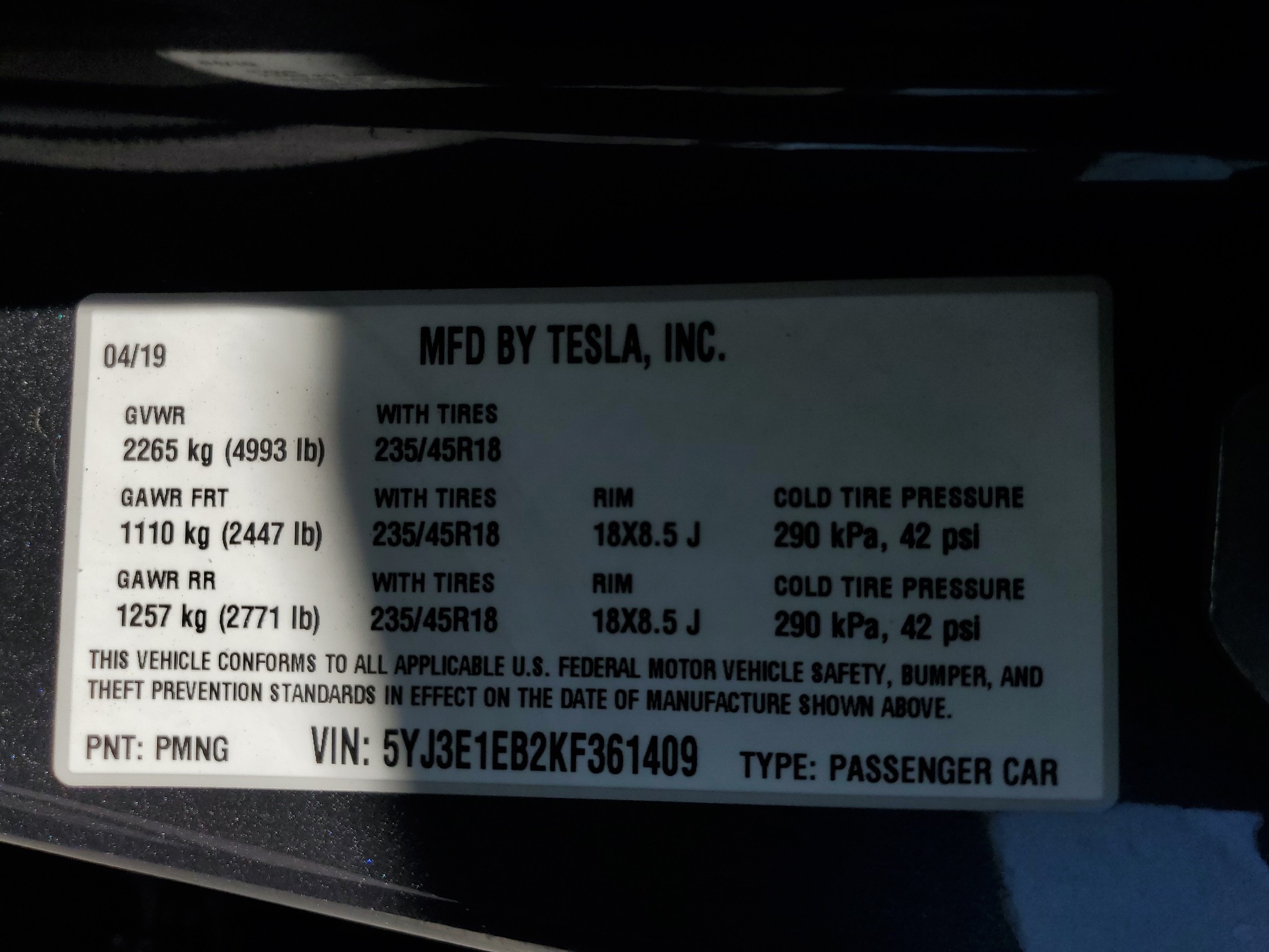 5YJ3E1EB2KF361409 2019 Tesla Model 3