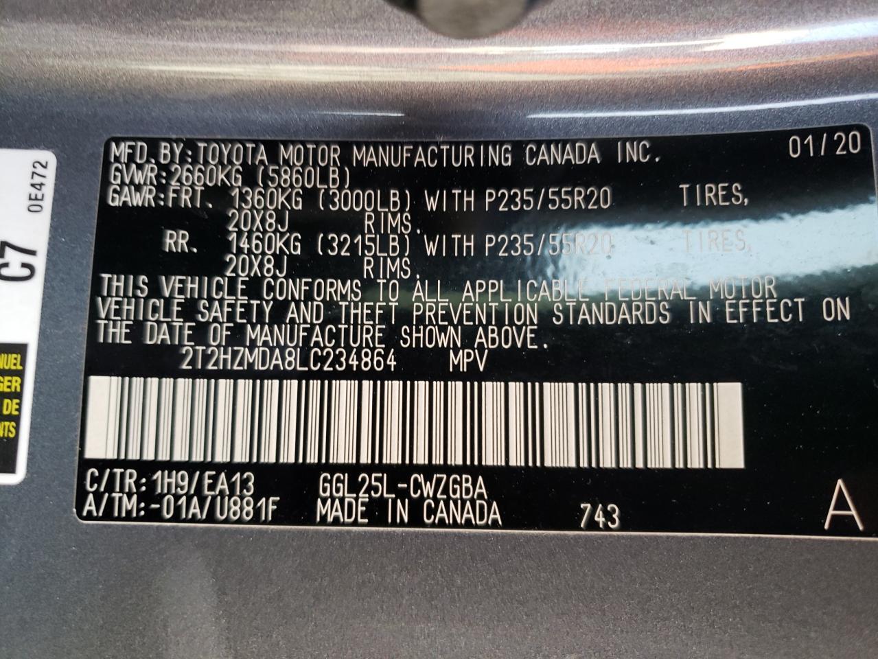 2020 Lexus Rx 350 VIN: 2T2HZMDA8LC234864 Lot: 63255714