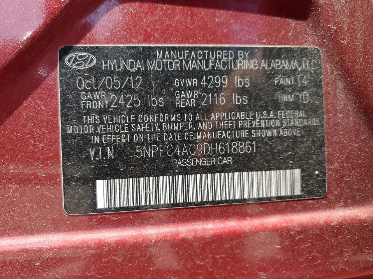 2013 Hyundai Sonata Se VIN: 5NPEC4AC9DH618861 Lot: 63459384