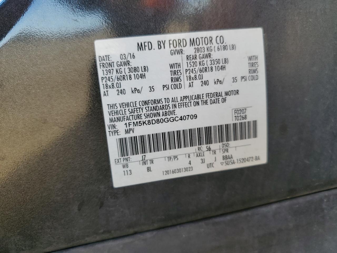 2016 Ford Explorer Xlt VIN: 1FM5K8D80GGC40709 Lot: 62004374